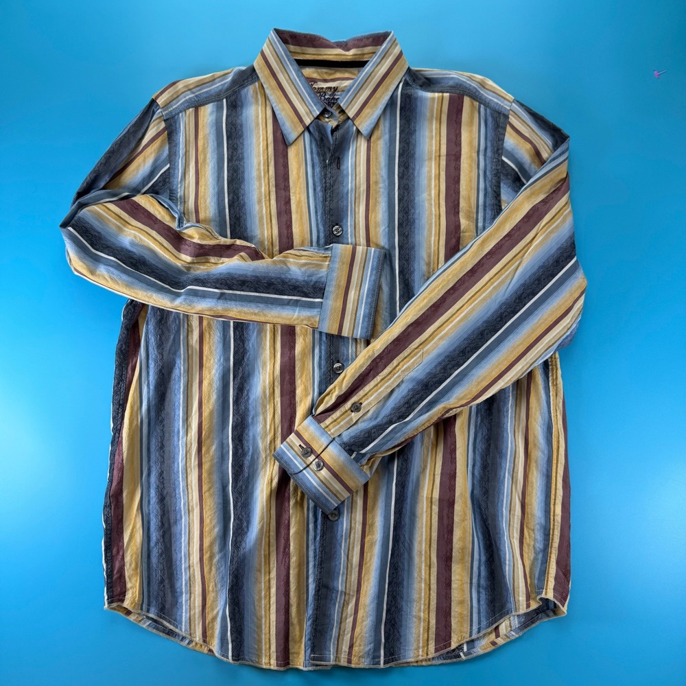Tommy Bahama Denim Mens Large Long Sleeve Striped Button Down Cotton Shirt Blue